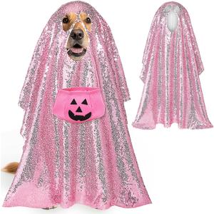 Sunnymove Halloween Ghost Dog Costume for Dogs Ghost Costumes Sets with Felt Pumpkin Bucket 47 x 31 Inches Halloween Large Dog Disco Clothe Pumpkin Trick or Treat Bags (Pink) L