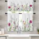 Emvency Spring Flower Kitchen Window Curtains Valance and Tier Set 36 Inch, Pink and Purple Floral Summer 3 Piece Set Short Curtains for Window Treatment Tiers for Living Room Bedroom