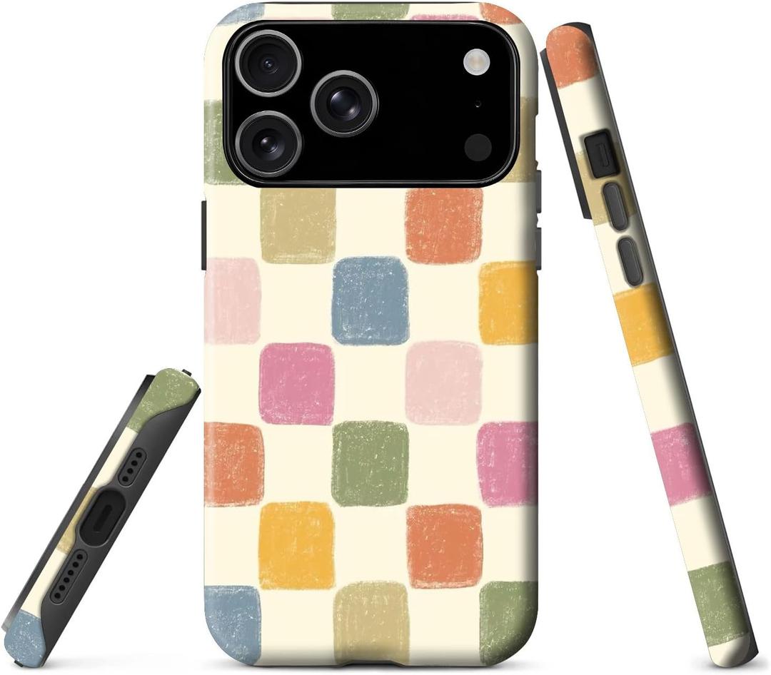 For IPhone 17 Pro Max Case,Retro Color Checkered Vintage Aesthetic Checkerboard,Dual Layer Soft TPU Hard PC Bumper Case Design-Colorful