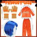 4 Pcs Halloween Horror Movie Costume Accessories Set, Womens Pajamas Set Orange Outfit, Blue Wig, Striped Gloves for Women Cosplay Party