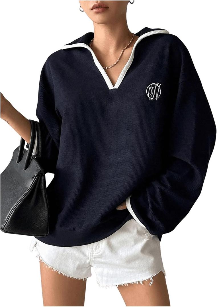 SHENHE Women's Oversized Sweatshirt Collared V Neck Long Sleeve Fall Preppy Pullover Sweatshirt (Blue, S)