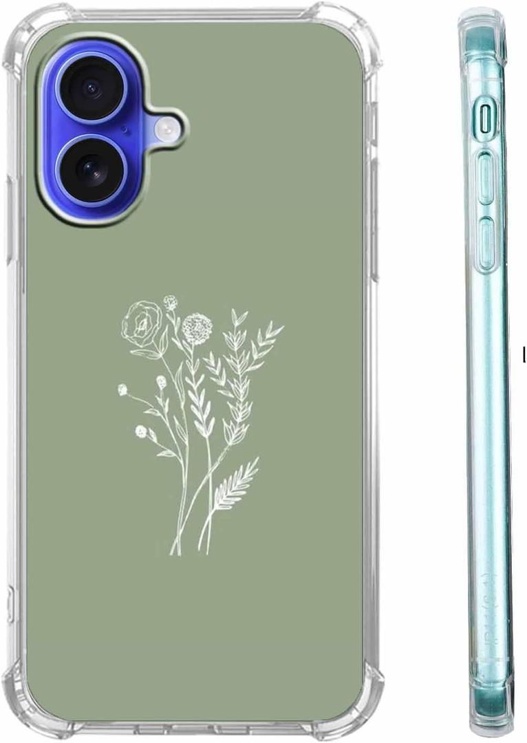 Sage Green Flower Case for iPhone 16, Aesthetic Minimalist Artsy Botanical Pattern Case,Soft TPU tective Cover Compatible with iPhone 16,6.1"