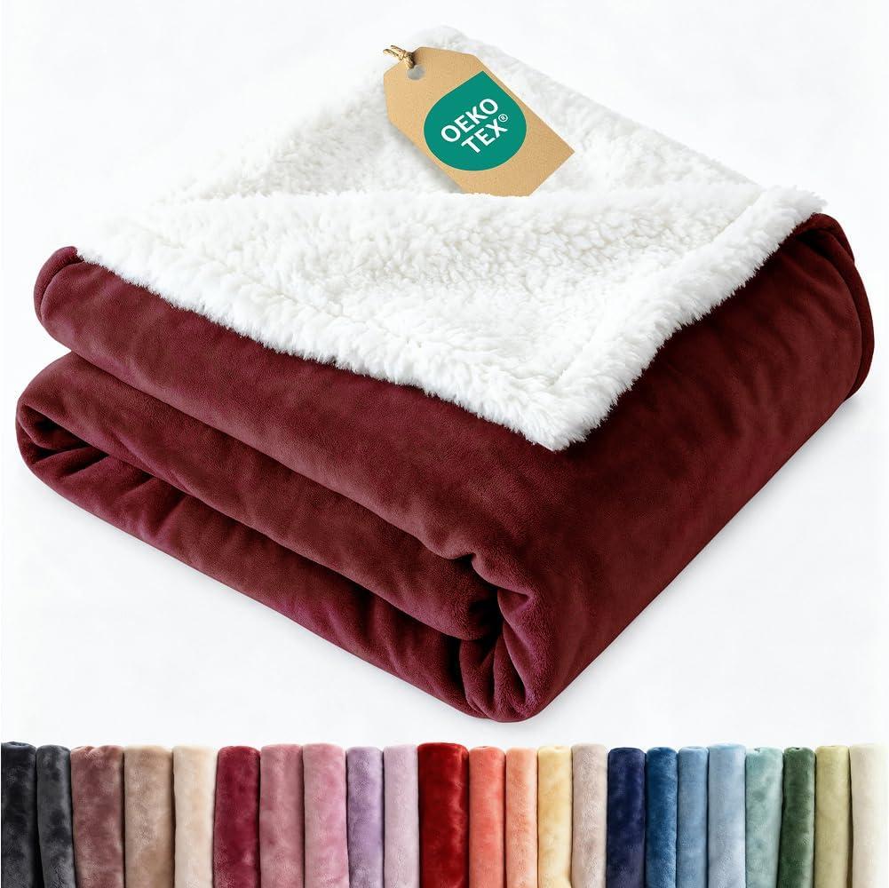 Sherpa Fleece Blanket Throw Size - Reversible Sherpa Fleece Throw Blanket - Super Soft Double Sided for Bed, Sofa, Couch - Thick, Warm, & Plush - Luxurious Bedding for Winter - Burgundy, 50" x 60"