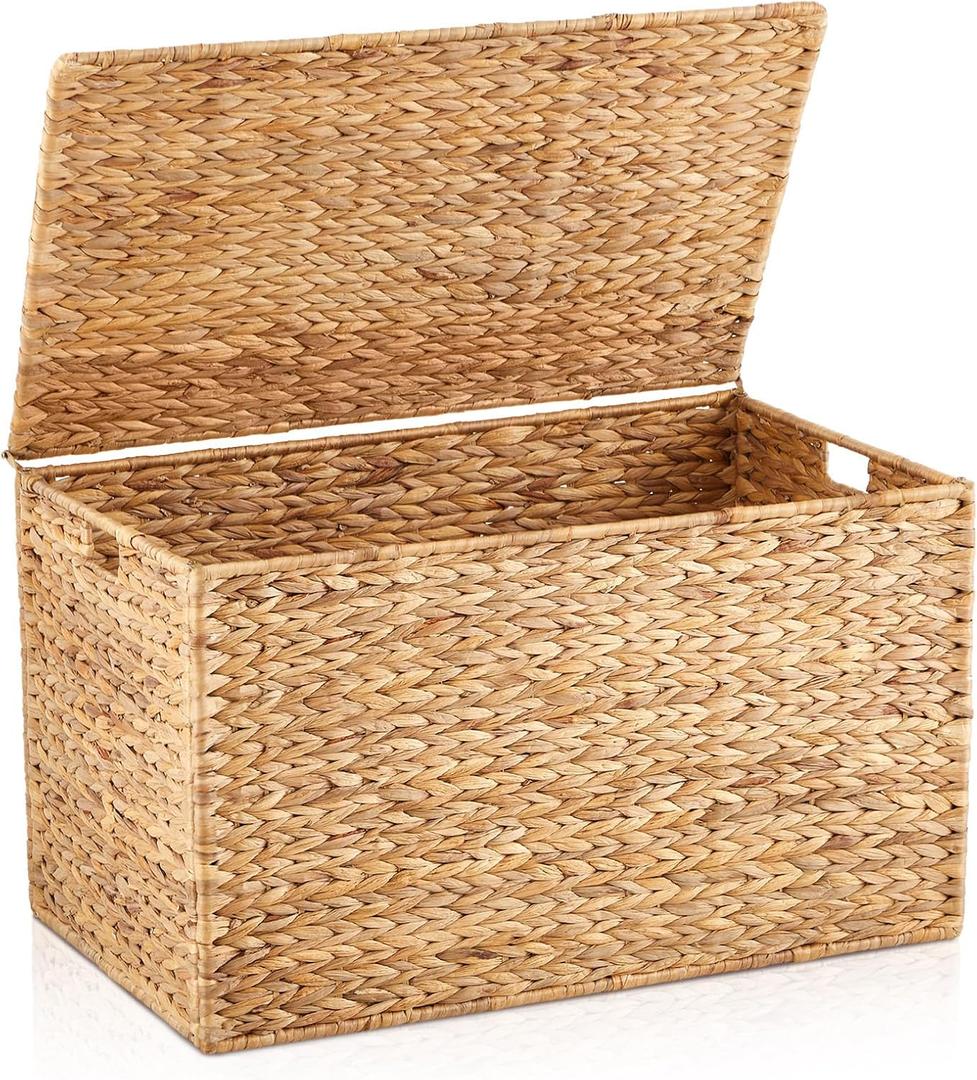 30 x 17.5 x 17.5 Inch Water Hyacinth Wicker Storage Trunk with Metal Frame, Heavy Duty Storage Chest with Lid Large Rattan Basket for Blankets, Seasonal Clothes, Extra Bedding (Natural)