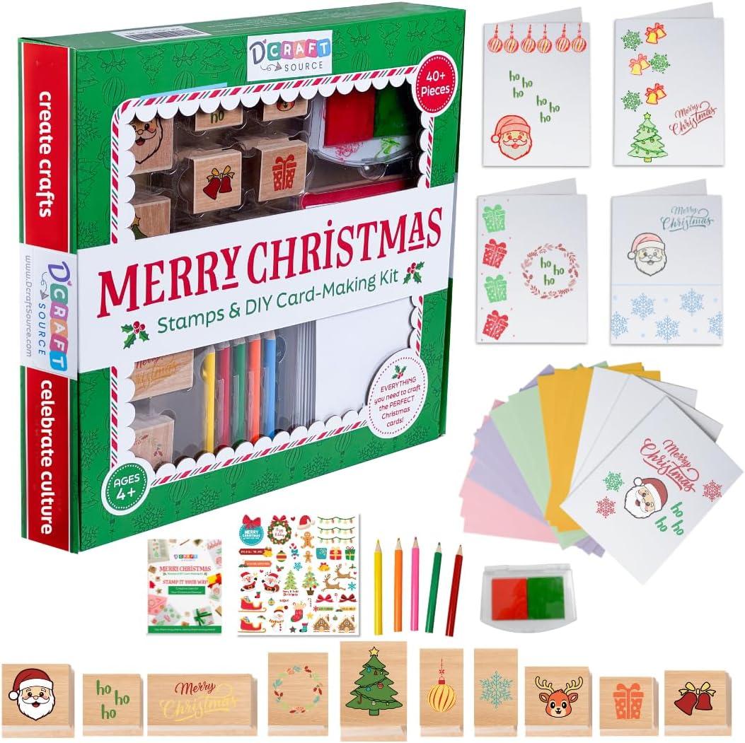 48 Piece Merry Christmas Craft Kit Wooden Stamp Set with Ink Pads Colored Pencils Stickers Cards Envelopes DIY Holiday Card Making Set for Kids Adults Classrooms Festive Family Fun