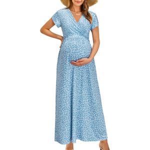OUGES Maternity Maxi Dress Wrap Baby Shower Pregnancy Dresses for Photoshoot Maternity Outfits Summer Clothes 2026, Size Large