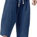 MAGNIVIT Men's Linen Cotton Capri Pants Loose Fit Elastic Waist Wide Leg Baggy Harem Pants (36, Blue Grey)