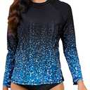 Halcurt Womens Long Sleeve Rash Guard Swim Top with Built in Bra UPF50+ Sun Protection Swim Shirts Quick Dry Swimsuit (Medium, Ombre Black Blue)
