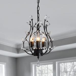 CVKASH 3 - Light Branch Crystal Chandelier Small Flush Mount Vintage Pendant Hanging Lighting Farmhouse Light Fixture for Bedroom Porch Dining Room Kitchen Hallway Foyer(Matte Black)