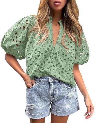 PRETTYGARDEN Women's Summer Tops 2025 Dressy Casual Short Sleeve V Neck Buttons Hollow Out Lace Embroidered Blouses Shirts XL