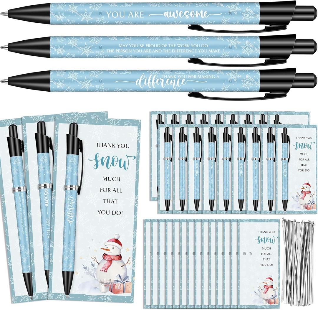 Sayglossy 24 Sets Winter Appreciation Gifts Bulk for Staff Snowflake Thank You Gift for Office Coworker Snowman Sublimation Ballpoint Pens Xmas Cards with Ties Ideas for Employee Team