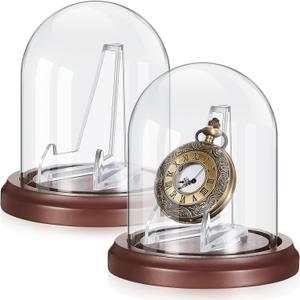 2 Pack Pocket Watch Glass Display Dome Clear Ornament Glass Cloche Display Dome Decorative with Acrylic Stand and Brown Wooden Base for Watch Medals Photos Antique, 4.33 x 3.15 inch