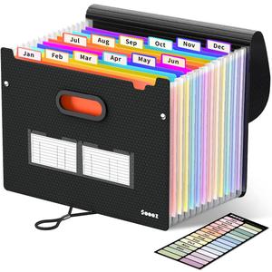 Sooez Upgraded Accordion File Organizer, Expanding File Folder with Deeper 12 Pockets - Never Cover Up Index Tabs, Monthly Bill Paper Receipt Document Organizer, Letter A4 Size for Home Office School