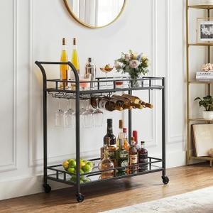 VASAGLE Bar Cart Black, Home Bar Serving Cart, Wine Cart with 2 Mirrored Shelves, Wine Holders, Glass Holders, for Kitchen, Dining Room, Black ULRC090B62, 33.9"w