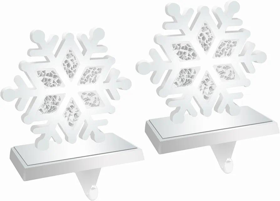 sunepany Christmas Stocking Holders for Mantle Set of 2 Silver Snowflake Stocking Holder for Fireplace Weighted Stocking Hangers Christmas Stocking Hooks for Window Sill Christmas Home Party Decor