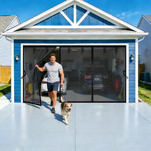 Magnetic Garage Door Screen 16x8 FT for 2 Car Garage, 16x8FT Fiberglass Screen Door, Heavy Duty Privacy Garage Net Screen, Hands-Free with 9 Roll Up Straps for Patio, Outdoor, Gym, Sun House Porch