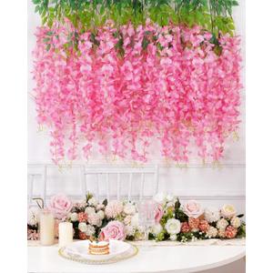 Waipfaru 12 Pack Wisteria Hanging Flowers, 3.6 Feet/Pcs Pink Wisteria Artificial Flowers, Fake Flowers Garland, Hanging Wisteria Vines for Bedroom Wedding Home Party Wall Decoration