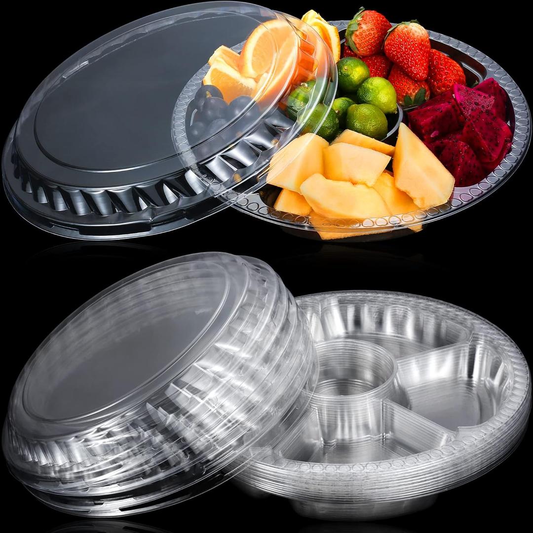 12 Pack Round Plastic Veggie Tray with Lid Fruit Tray 6 Divided Compartment Container Food Serving Dip Platter Reusable Catering Trays for Veggie Fruit Snack Party and Buffet TraysClear12inch