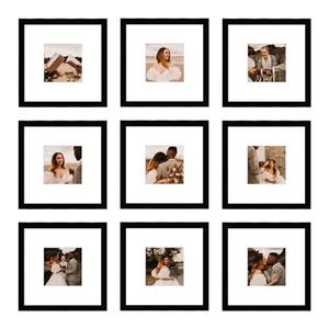 BSRHOME 8x8 Picture Frame Set of 9, Display Pictures 4x4 with Mat or 8x8 without Mat, Multi Collage Gallery Square Photo Frames for Wall or Tabletop, Black