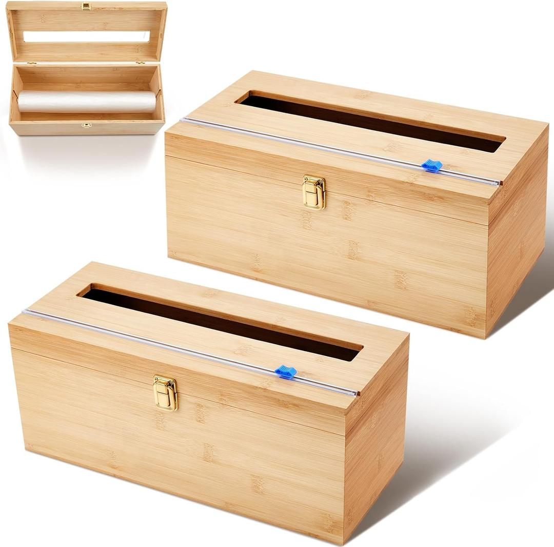 2 Pack 12 Inch Extra Large Foil and Plastic Wrap Organizer with Cutter, Bamboo Wrap Organizer Holder Holds 3000ft Film Rolls or 500ft-1000ft Foil Rolls for Restaurant Kitchen Food Service