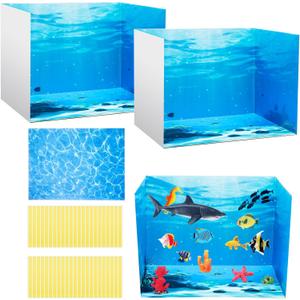 AmazingSpark 2 Set Ocean Diorama Box and Water Sticker Decor, Ocean Diorama Project Supplies Set, Cardboard Display Case Kit & Water Sticker with Double Sided Tapes for DIY Crafts Toys Dollhouse
