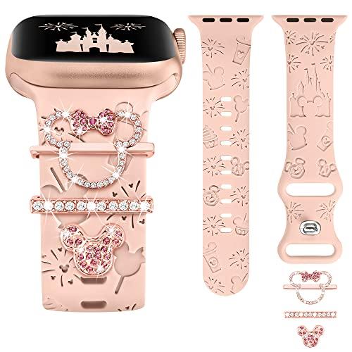 Girovo Band Charms Compatible with Apple Watch(Band Included) 41mm 40mm 38mm Women, Cartoon Engraved Strap+Decorative Rings Loops for iWatch Series 11 10 9 8 7 6 5 4 3 SE/Ultra 3 2 1(Pink)