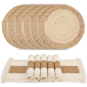 Zology Handmade Boho Placemats Set of 6 - Natural Cotton Burlap and Water Straw Woven Combination Table Mats, Macrame Décor and Farmhouse Style Placemats, for Dining Table Kitchen, 36*36