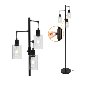 3 Lights Floor Lamp, Industrial Tree Lamp for Living Room Bedroom, Black Modern Dimmable Farmhouse Standing Lamp, Tall Pole with Clear Glass Shade