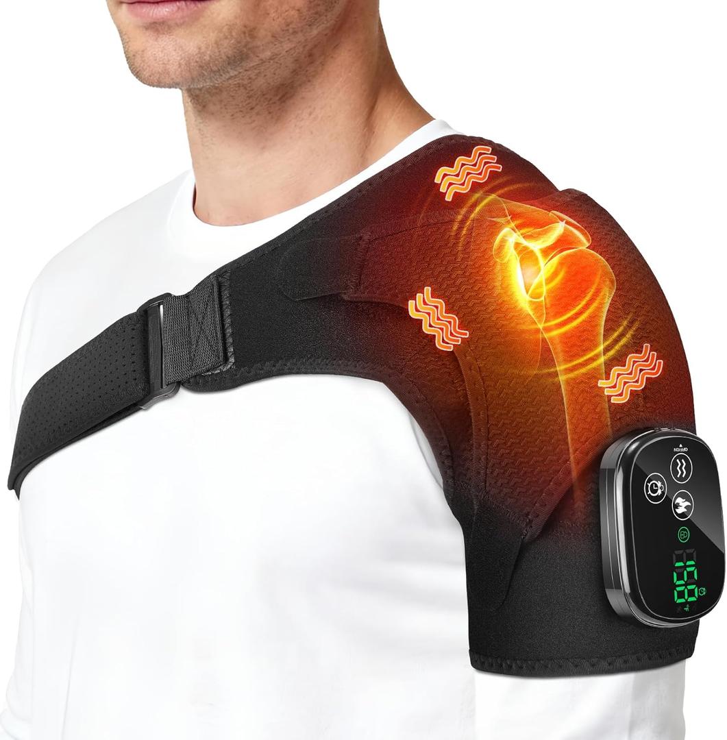 Cordless Shoulder Heating Pad with Massager, Portable Shoulder Massager Wrap with 6 Timer & 3 Vibration with 6 Heat & Timer Modes Warmer for Men Women