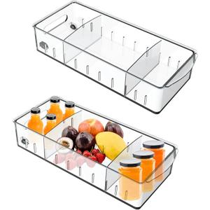 2 PCS Fridge Organizer with Wheels, Refrigerator Organizers and Storage with Adjustable Dividers, Clear Pantry Organizer Bins for Kitchen Organization and Storage