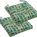 2-Pack Outdoor/Indoor Wicker Patio Seat Cushion Pad with Ties - Dining Chair Cushion, 17" x 17" (Green Plaid)