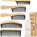 5 Pcs Handmade Bamboo Anti-Static Comb Set for Women and Men - Wide Tooth, Rat Tail, and Fine Tooth Combs for Long, Short, Thick, Thin, Wavy, and Curly Hair Detangling (Natural + Black)
