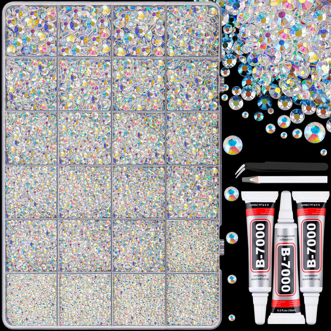 30000Pcs Resin Jelly Rhinestones with Tweezers for Bedazzling, Transparent AB Flatback Gems, Crystal with 3Pcs 10ml B7000 Jewelry Glue for Crafting Clothing Tumblers Shoes Fabric Nail Art Makeup