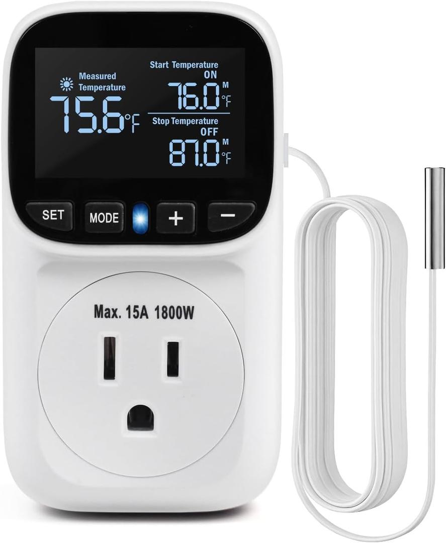 Digital Temperature Controller, Heating & Cooling Thermostat Plug Outlet, 40F~210F, 15A 1800W, LCD Display, Temperature Controlled Outlet for Home, Greenhouse, Chicken Coop, Reptile