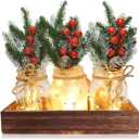 3PCS Christmas Mason Jars, Tiered Tray Decorative Jars with Wood Tray & Artificial Flowers Wishing Bottles for Winter Holiday Home Mantel, Kitchen, Dining room, Bedroom Table Centerpiece Decor Gift
