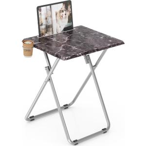 Folding TV Tray Table,TV Dinner Table with Sturdy MDF Top, Foldable Desk with Cup Holder Portable, Eating Trays for Living Room with No Assembly Required, 15 x 18.9 x 25.6 in (Black Marble) (1PC)