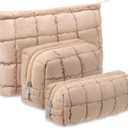3 Pcs Puffy Makeup Bag Quilted Cosmetic Pouch for Women Cute Checkered Travel Toiletry Bag Puffer Makeup Organizer Purse Pouch Preppy Pencil Case with Zipper (Khaki)