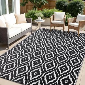 OLANLY Outdoor Rug 9x12 ft Waterproof, Outdoor Plastic Straw Rug with Geometric Pattern Clearance, Reversible RV Mat for Patio, Camping, Balcony, Deck, Backyard, Black & White