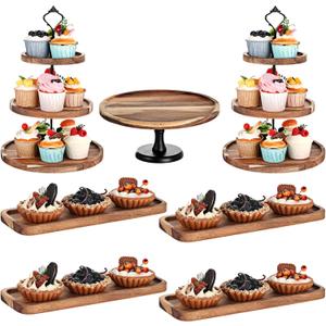 Havawish 7 Pcs Wood Dessert Table Display Set, 3 Tier Wooden Cupcake Stand Round Cake Stand Rectangular Serving Tray Platter for Display Tea Party Wedding Farmhouse (Natural Color)