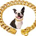 18K Gold Plated Stainless Steel Dog Collar with Safety Lock 15MM Heavy-Duty Cuban Link for Small, Medium & Large Dogs for Extra Small Dog with 8inch Dog's Neck