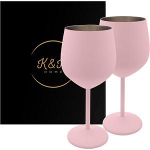 K&K Home Pink Stainless Steel Unbreakable Pink Wine Glasses - 18 oz - Set of 2 Colored, Stemmed Metal Wine Glasses Perfect for Outdoors, Weddings, and Parties