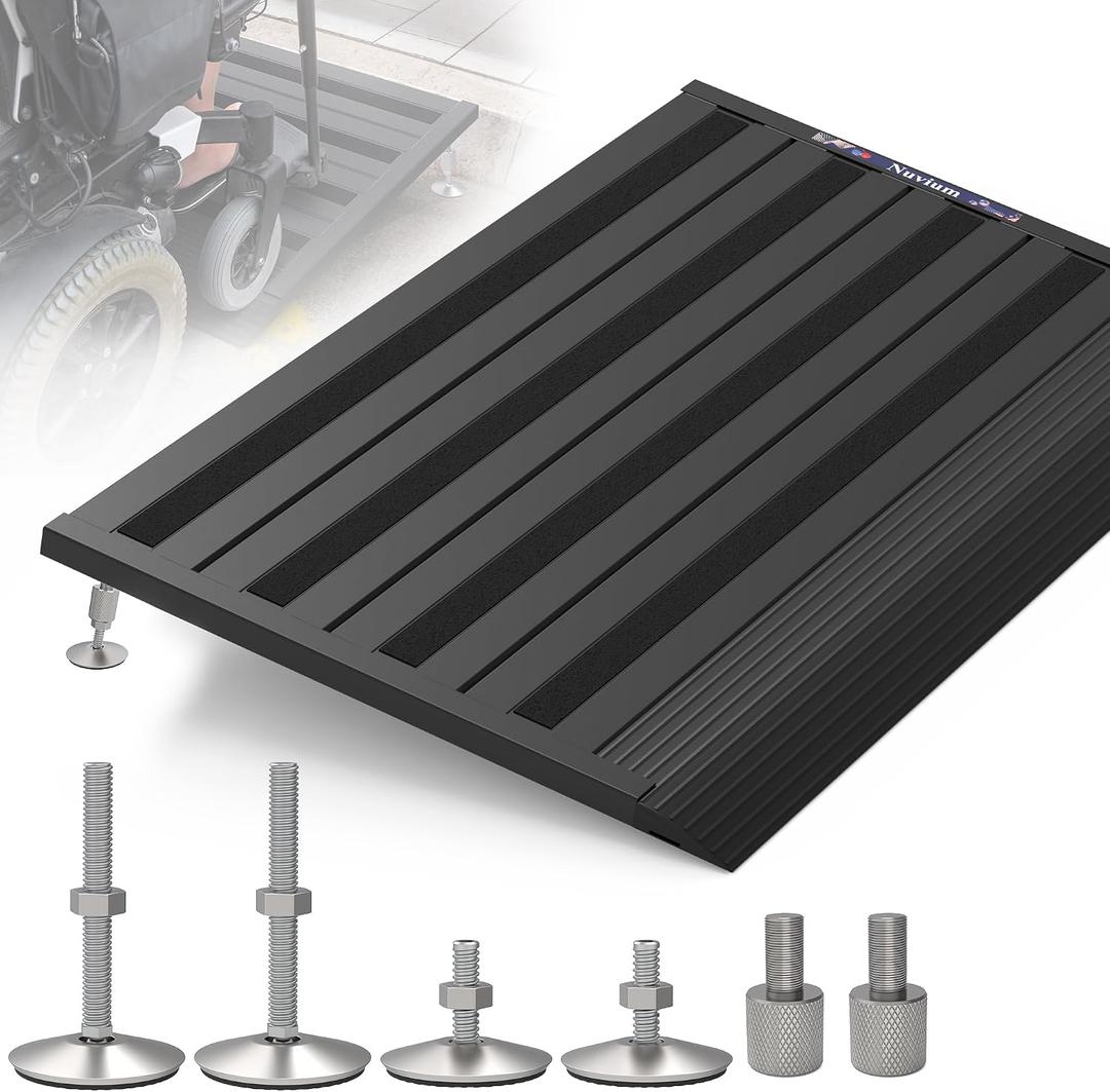 Threshold Ramp for Doorways, Adjustable Height 2.6"-6" Aluminum Wheelchair Ramp with Heightening Screws and Swivel Angle Leg, 1100lbs Load Capacity, 22x36 Curb Ramp for Trolley, Power Chairs