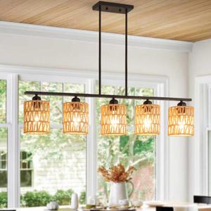 Boho Kitchen Island Light Fixture,39.4" Linear Chandelier for Dining Room,5-Light Rustic Pendant Lights Over Table,Handmade Woven Light Fixture,Farmhouse Wicker Chandeliers for Kitchen Islands