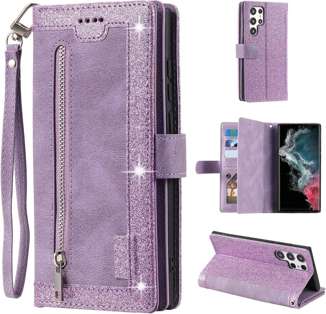 UEEBAI Wallet Case for Samsung Galaxy S25 Ultra 5G, 9 Card Holder Slots Zipper Pocket Handbag Case Magnetic Closure Kickstand with Wrist Strap TPU Shockproof Flip Case for Women - Glitter Purple