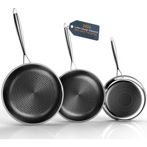 Hybrid Nonstick Frying Pans Set, 10"+11"+12" Frying Pan Skillet 3-Pieces Set, Stay-Cool Handle, PFAS-Free, Dishwasher and Oven-Safe, Suitable for All Types of Cookers, Including Induction (KP2)