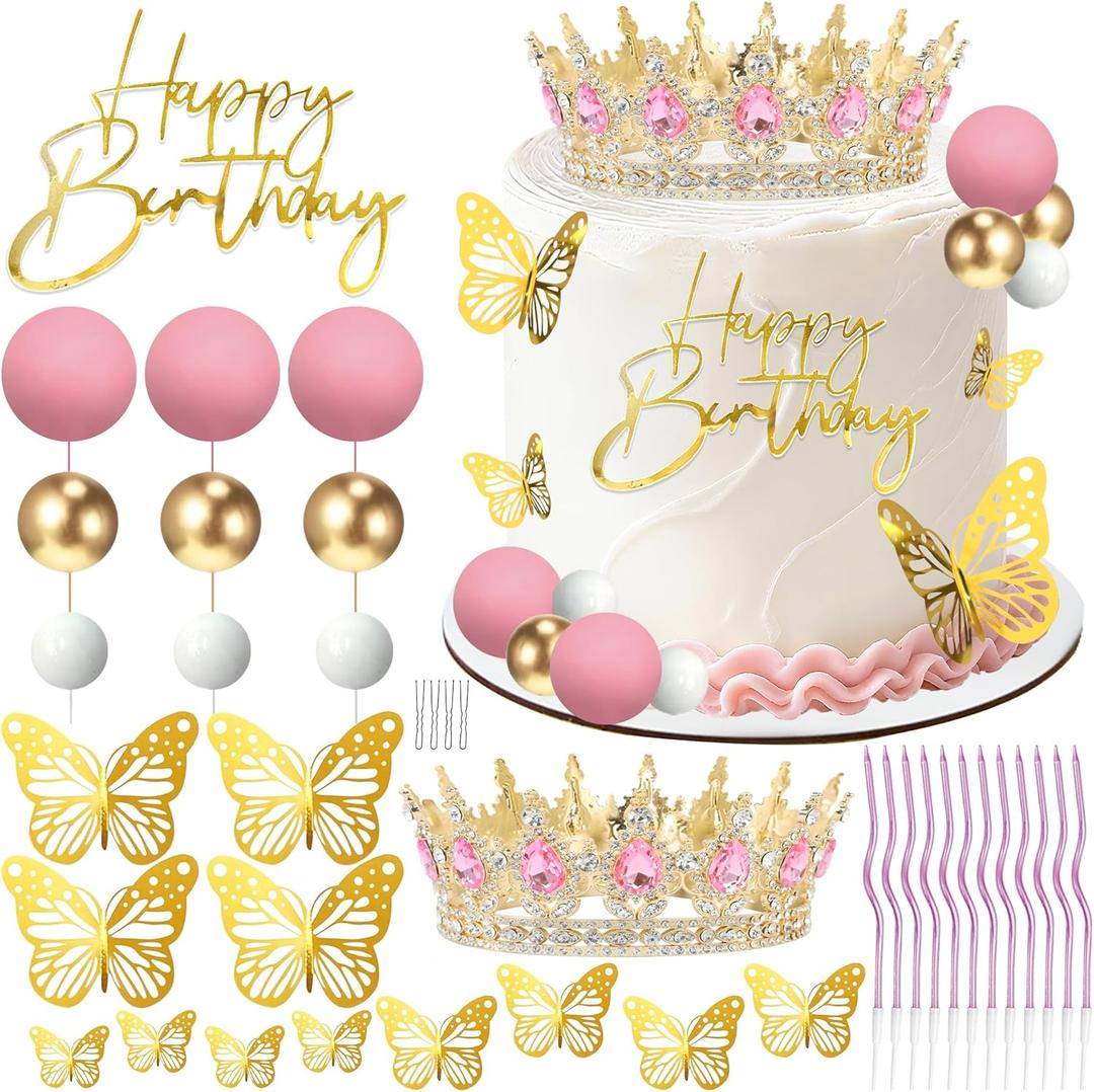 AMZVALU Crown Cake Topper, Balls Happy Birthday Cake Topper Pink Crown Birthday Candles Gold Butterflies, Corona Para Pastel, Cake Decorations for Birthday Wedding (Gold, Pink)