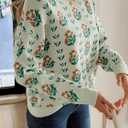 Saodimallsu Womens Long Sleeve Floral Sweaters Fall Crew Neck Casual Loose Knitted Pullover Tops (Small, Beige)