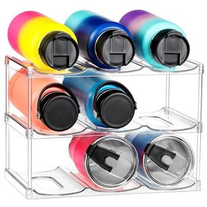 LARGER Compartment - Stackable Water Bottle Organizer Holder - for Stanley & Others' Large Tumbler - Clear Rack, Cup Bottle Holder for Cabinet Home Countertop Fridge Pantry Shelf, 3 Tier Hold 9