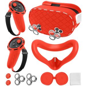 Silicone Cover Set Compatible with Meta/Oculus Quest 3s Accessories, Silicone Face Cover, Controller Grip Cover, Camera Lens Protector, VR Shell Cover, Protective Lens Cover, Not Fit Quest 3 (Red)