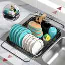 Dish Drying Rack in Sink- Expandable Dish Drying Rack Used Over Sink, in Sink & on Countertop, Rustproof Kitchen Dish Drying Rack with Removable Cutlery Holder, 16.1" D x 12" W x 4.2" H, Black